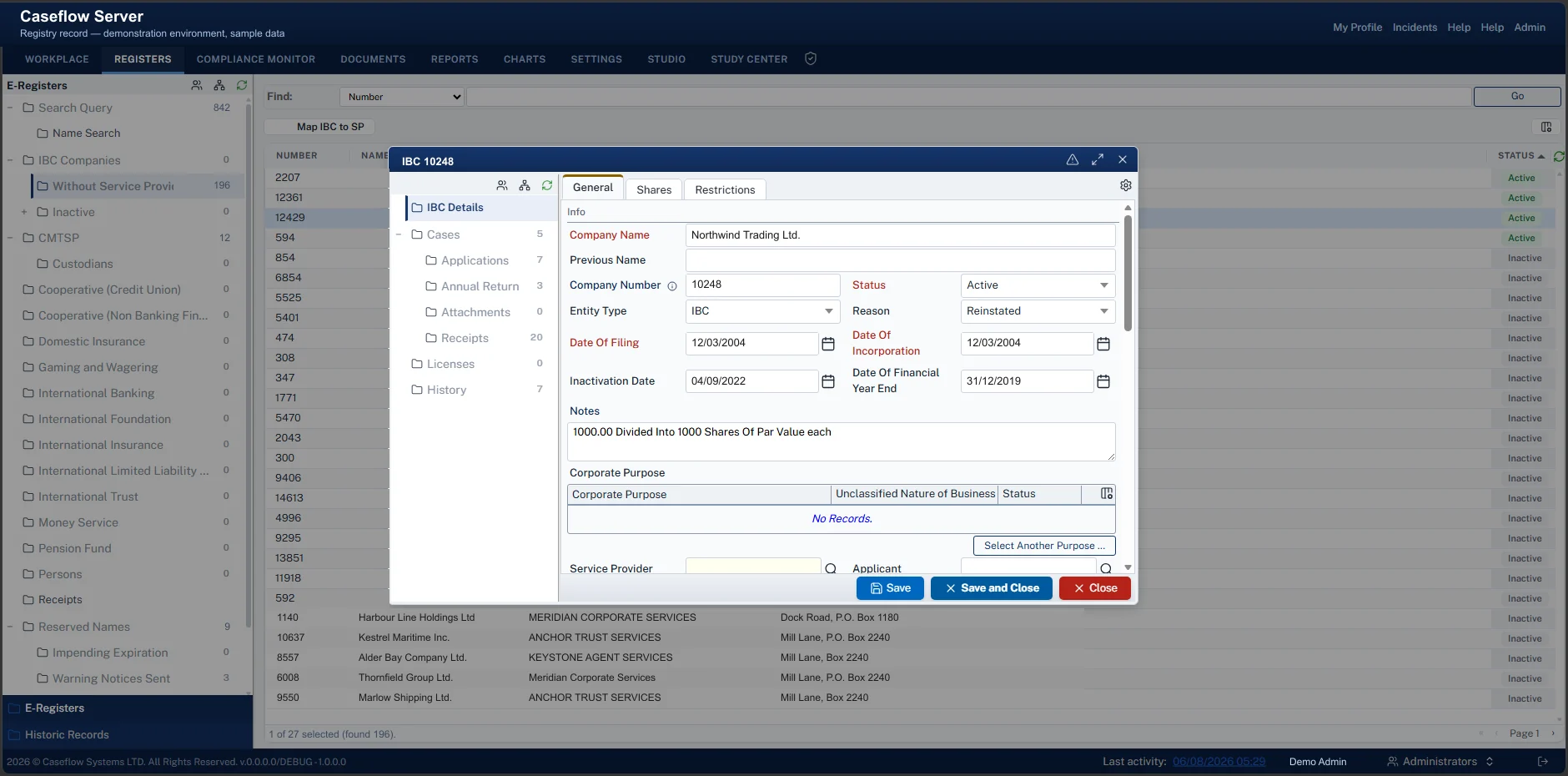 A registry entity record open over the register list: company name, number, entity type, status, filing and incorporation dates, share-capital note and corporate purpose, with cases, licences and history in a side tree.