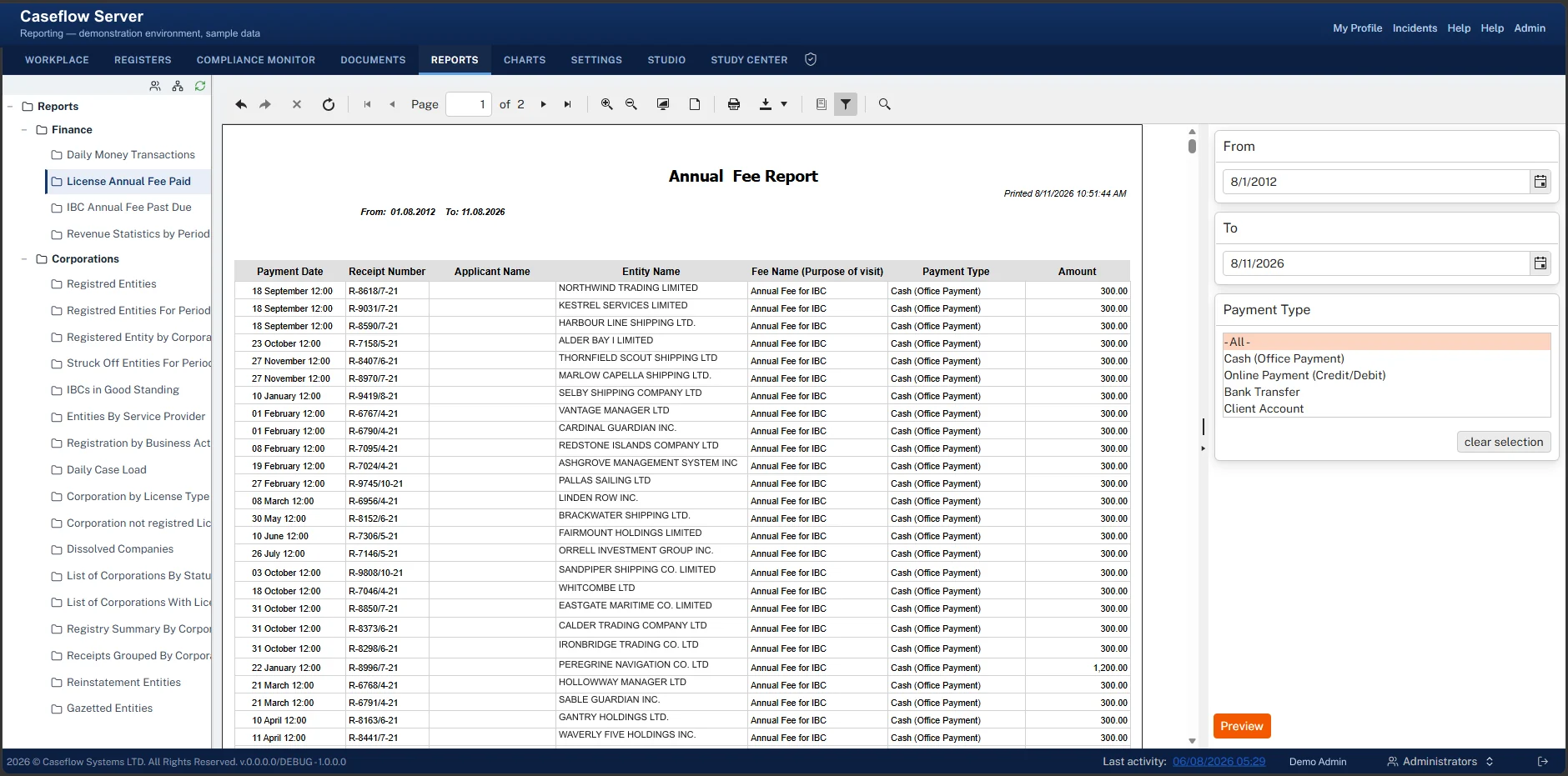 An annual fee report for a date range, listing payment date, receipt number, entity name, fee purpose, payment type and amount, with date and payment-type filters beside it.